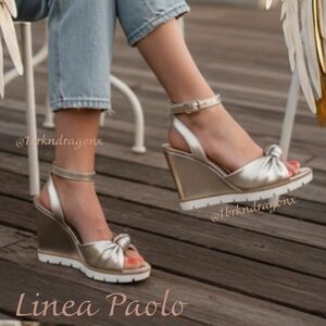 Paolo Women's Champagne Gpld Wedge Sandals Ankle Strap Bow Cushioned Summer Shoe